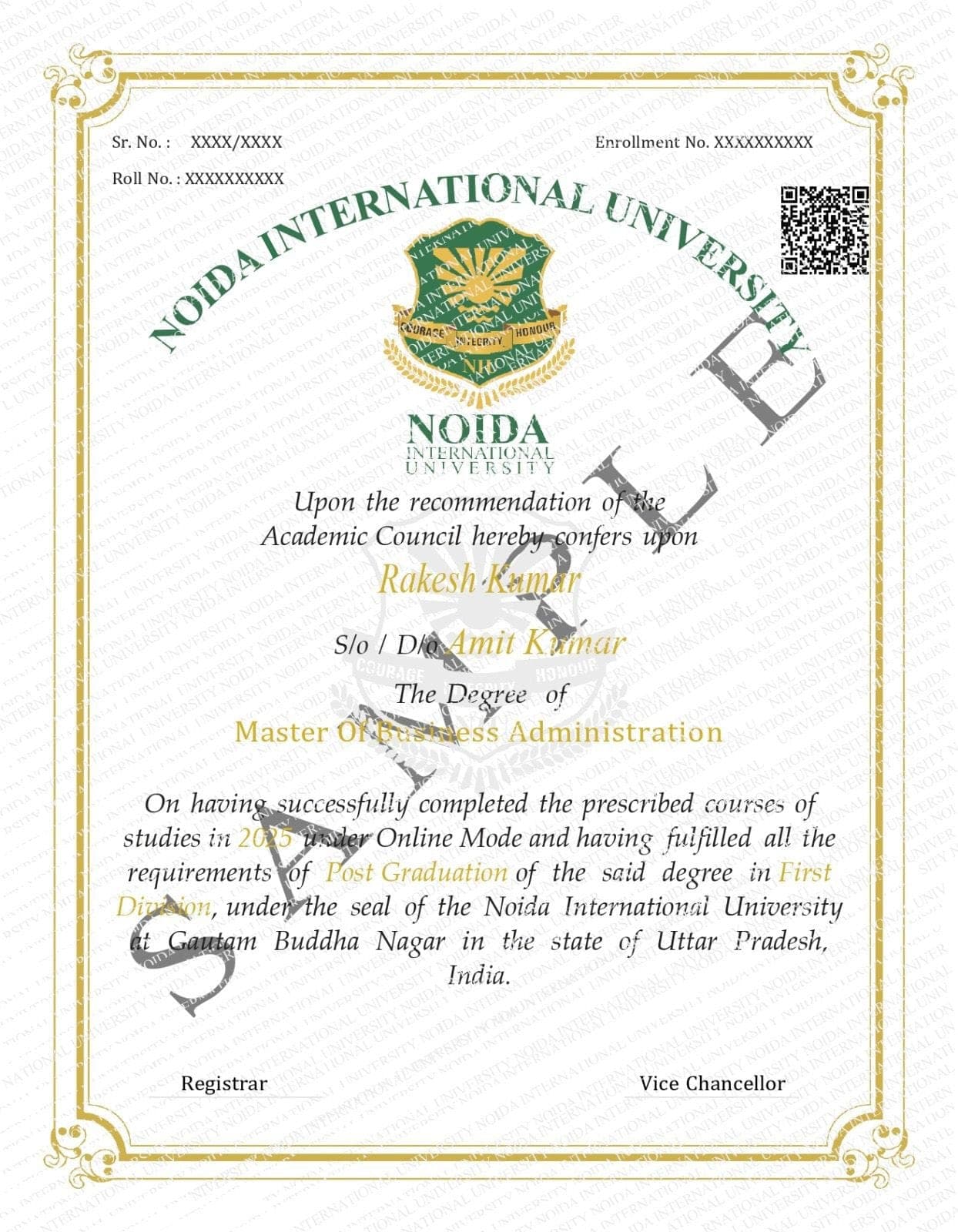 Sample certificate — Noida International University