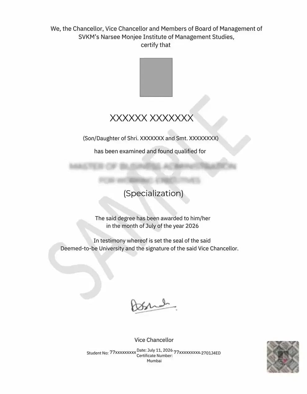 Sample certificate — Narsee Monjee Institute of Management Studies (NMIMS)